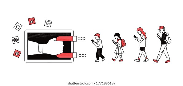 Inbound digital marketing banner - magnet pulling cartoon children with smartphones into screen. Young audience attraction social media campaign - flat isolated vector illustration