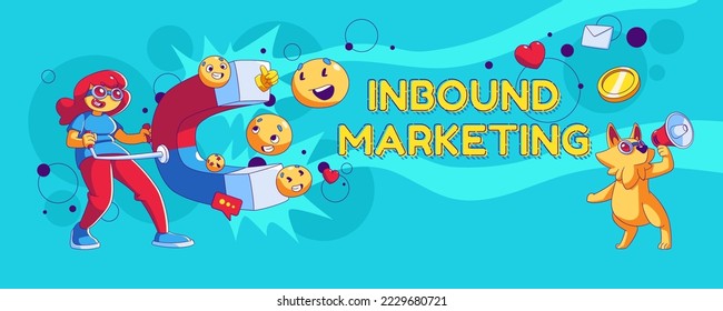 Inbound marketing banner. Concept of business strategy for attract and retention customers. Woman with big magnet and dog with megaphone, vector illustration in contemporary style