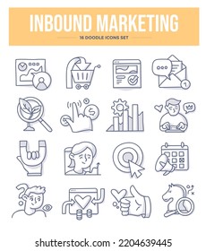 Inbound marketing. Building lasting relationship with customers by creating valuable content and experience. Doodle icons set of marketing strategy and technology