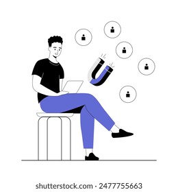 Inbound marketing concept. Man work on laptop and retention clients with a magnet. Vector illustration with line people for web design.	