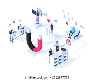 Inbound Marketing Concept Vector Illustration In Isometric Design. Business Methodology That Attracts Customers By Creating Valuable Content And Experiences Tailored To Them. Isolated Objects. 