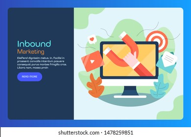 Inbound marketing, Digital advertising, Magnetizing new customers - flat design vector landing page for website and blog