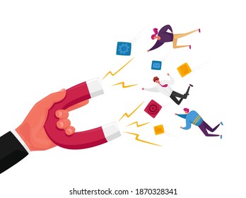 Inbound Marketing, Financial Goals Achievement Concept. Human Hand with Huge Magnet Attract Businesspeople Characters. Lead Generating, Clients Attraction Solution. Cartoon People Vector Illustration