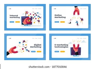 Inbound Marketing, Financial Goals Erzielen Landing Page Template Set. Hand mit riesigen Magnet Attraktion Zeichen. Bleigenerierung, Kunden Attraction Lösung. Vektorgrafik von Cartoon People