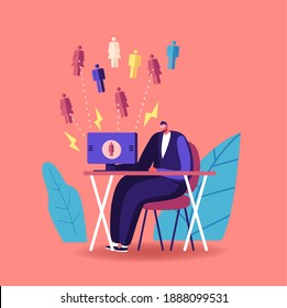 Inbound Marketing, Financial Goals Achievement Concept. Businessman Character Working on Computer Attract Customers, Generating Leads, Clients Attraction Solution. Cartoon People Vector Illustration