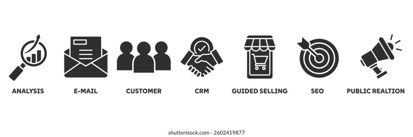 Inbound marketing icon set illustration concept with icon of analysis, email, customer, crm, guided selling, seo and public relations