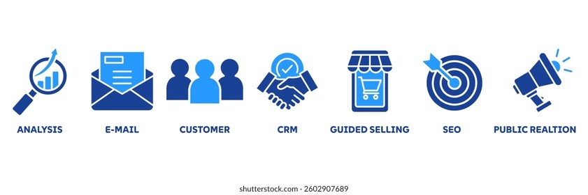 Inbound marketing icon set illustration concept with icon of analysis, email, customer, crm, guided selling, seo and public relations