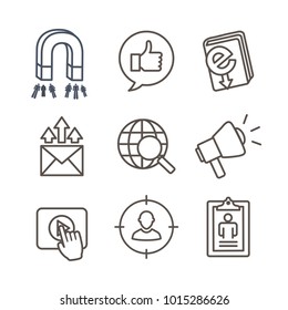 Inbound marketing icon set with magnet, social, email, & promotion