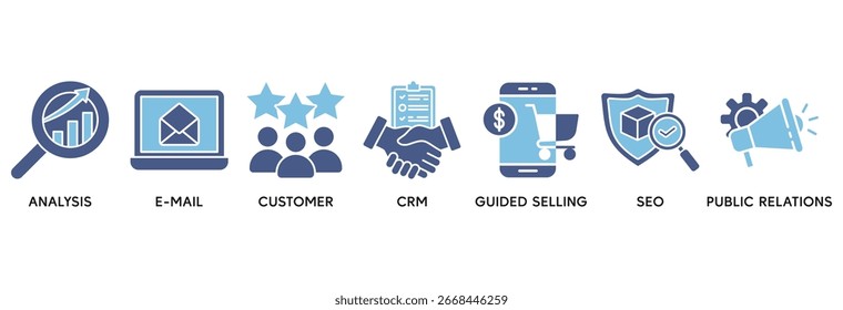 Incoming Marketing Icon Set Vektorgrafik Konzept beziehen sich auf Analyse, E-Mail, Kunde, CRM, geführten Verkauf, SEO und Öffentlichkeitsarbeit
