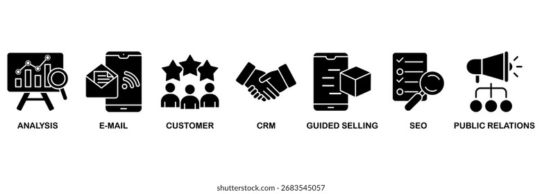 Concepto de Ilustración vectorial de conjunto de iconos de marketing entrante para análisis, correo electrónico, Cliente, CRM, venta guiada, SEO y relaciones públicas