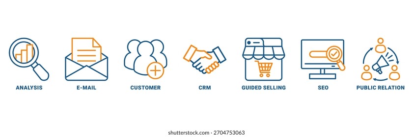 Inbound Marketing Icon Set Vektorkonzept mit Icon Analyse, E-Mail, Kunde, CRM, Geführter Verkauf, SEO und Öffentlichkeitsarbeit