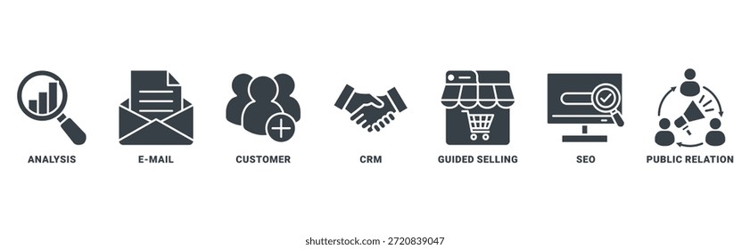 Inbound Marketing Icon Set Vektorkonzept mit Icon Analyse, E-Mail, Kunde, CRM, Geführter Verkauf, SEO und Öffentlichkeitsarbeit