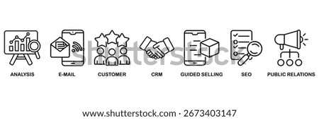 Inbound marketing icon set vector illustration concept for analysis, email, customer, crm, guided selling, seo and public relations