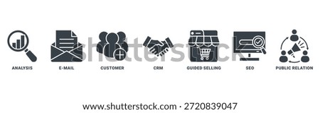Inbound marketing icon set vector concept with icon of analysis, email, customer, crm, guided selling, seo and public relations