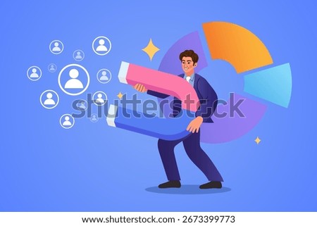 Inbound marketing and lead generation concept. A businessman uses a giant magnet to attract new customers or users. A vector illustration for customer acquisition, social media, data-driven strategy.