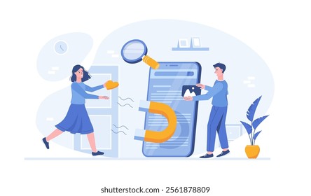 Inbound Marketing. Marketer attracts a clients with useful content adapted to user requests. Vector illustration with characters in flat design for web banner.	