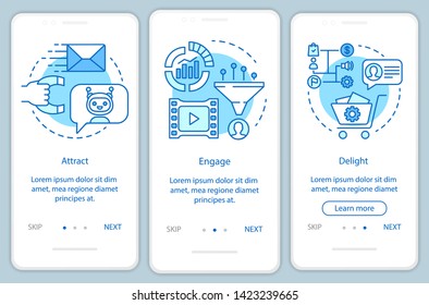 Inbound marketing method for customers blue onboarding mobile app page screen vector template. Attraction. Walkthrough website steps with linear illustrations. UX, UI, GUI smartphone interface concept