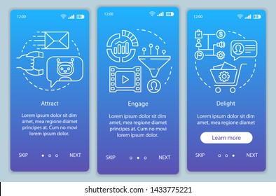 Inbound marketing method for customers blue onboarding mobile app page screen vector template. Engage walkthrough website steps with linear illustrations. UX, UI, GUI smartphone interface concept