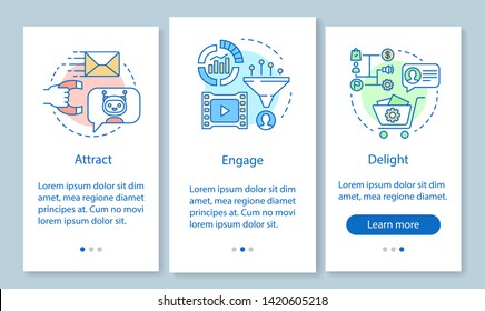 Inbound marketing method for customers onboarding mobile app page screen with linear concepts. Attract, engage walkthrough steps graphic instructions. UX, UI, GUI vector template with illustrations