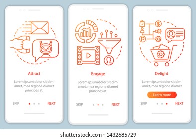 Inbound marketing method for customers orange onboarding mobile app page screen vector template. Delight walkthrough website steps with linear illustrations. UX, UI, GUI smartphone interface concept