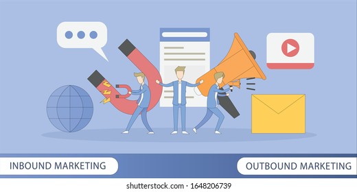 inbound marketing and outbound marketing,business strategy concept,businessman attracts customers with magnets and megaphone,communication ,website ,socialmedia,video,email.Vector outline design