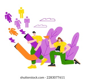 Inbound marketing, smm team with magnet attracting leads and clients, flat vector illustration isolated on white background. Promotion in social networks and customer acquisition strategy.