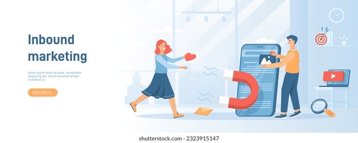 Inbound Marketing. Strategy attracting customers with useful content adapted to user requests. Flat concept great for social media promotional material. Website banner on white background.