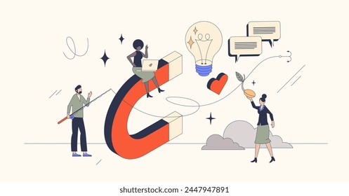 Inbound marketing strategy for new customers neubrutalism tiny person concept. Attract clients with effective and creative communication or interesting business content publishing vector illustration