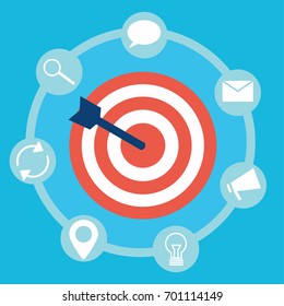 Inbound marketing. Target with arrow and icons tools. Vector flat illustration