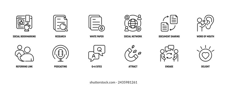 Inbound Marketing thin line icons set 2: Editable Stroke. Strategy, type, social, bookmarking, research, whitepaper, social, network, document.