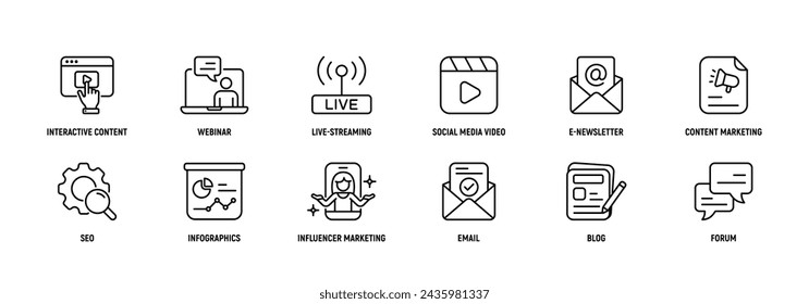 Conjunto de iconos de línea fina de Inbound Marketing. Trazo editable. Estrategia, tipo, interactivo, contenido, webinar, transmisión en vivo.