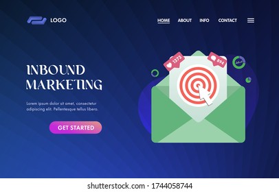 Plantilla web vectorial UX de la interfaz de usuario de marketing entrante para encabezado de sitio web, banner, deslizador, página de inicio. Estrategia de publicidad con un icono de sobre de correo electrónico con un objetivo, cursor del ratón y me gusta, comentarios y gráficos