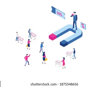 Inbound Marketing vector concept with man standing on magnet while promoting with megaphone to attract customer