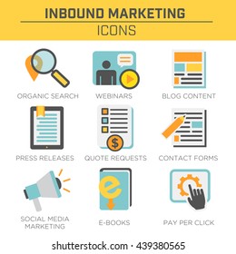 Inbound Marketing Vector Icons with organic search, ppc, blog content, press release, social media marketing, contact form, ebook, video, webinar, and quote request 