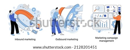 Inbound and outbound marketing technology. People work with advertising and promoting via Internet. Buyer acquisition, promotion strategy social media. Marketing campaign management concept metaphor