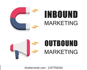 Inbound and outbound marketing vector business illustration in isometric design. Online and offline or interruption and permission marketing background.