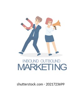 Inbound and outbound marketing,marketing team attracts customers with magnets and megaphone,reaching target audience,advertising and promotion digital marketing,business strategy,vector illustration.