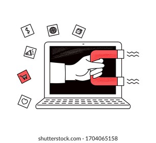 Inbound seo marketing technology concept with magnet attracting new leads and generating income, sketch cartoon vector illustration isolated on white background.