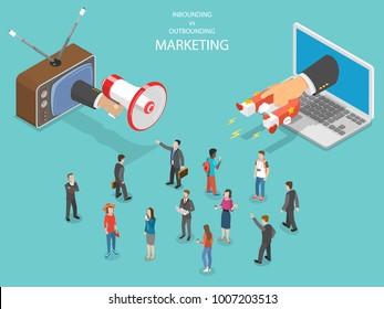 Inbound vs outbound marketing isometric vector. Hand with megaphone and another one with magnet are trying to capture the attention of the crowd of people.