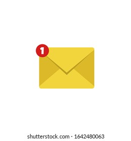 Inbox email, one message coming icon vector illustration isolated on white background. Closed yellow  envelope