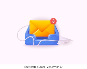 Inbox icon with envelope. Render email box with letters, paper plane. 3D web Vector Illustrations.