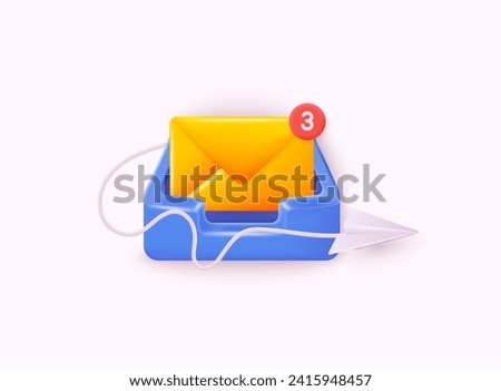 Inbox icon with envelope. Render email box with letters, paper plane. 3D web Vector Illustrations.