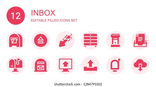 inbox icon set. Collection of 12 filled inbox icons included Mail box, Upload, Download, Drawers, Letterbox, Mailbox, Inbox