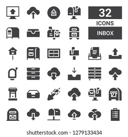 inbox icon set. Collection of 32 filled inbox icons included Padnote, Upload, Mailbox, Download, Mail box, Inbox, Letterbox, Drawers, Inboxes