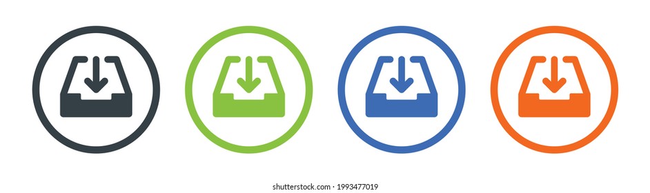 Vector de icono de la Bandeja de entrada, cuadro con flecha hacia abajo. Bandeja de entrada de correo, iconos vectoriales de correo recibidos.
