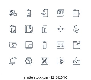 Inbox, Insert, Maximize, Horizontal alignment, Notification, Edit, Compress, Charging status, Folder, Bookmark, Export outline vector icons from 20 set