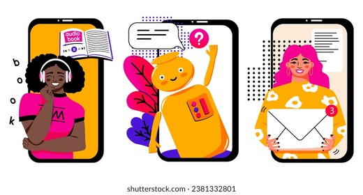 Bandeja de entrada. Libro de audio en línea. Concepto de aprendizaje en línea. Ayuda de Chatbot. Mensajes del bot. Inteligencia artificial. Establecer.  Tecnología en línea en el smartphone. Ilustración del vector