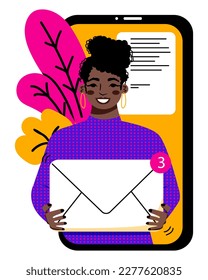 Inbox message. Concept new letters in the mailbox. Online notification. E-mail marketing, woman holding envelope. Smartphone. Vector illustration