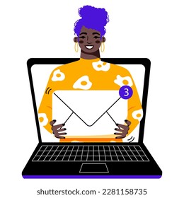 Inbox message. Concept new letters in the mailbox. Online notification. E-mail marketing, afro woman holding envelope. Laptop. Vector illustration