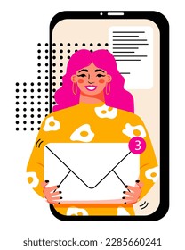 Inbox message. Concept new letters in the mailbox. Online notification. E-mail marketing, woman holding envelope. Smartphone. Vector illustration